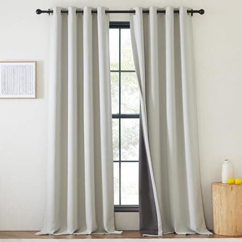 NICETOWN Natural White Faux Linen Single Panel Full Blackout Curtain 84 inches Long for Bedroom, 50 x 84, Bronze Curtain Ring, Thermal Drapes Voice Reducing Window Treatment for Living Room