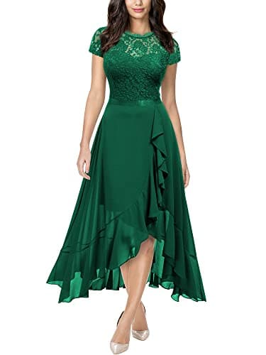 Miusol Women's Retro Lace Contrast Chiffon Ruffle Evening Maxi Dress (Small, Dark Green)