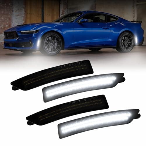 AUTOONE Upgraded LED Side Marker Lights White Compatible With Ford Mustang 2024-2025, White Front & Rear Parking Lamps, Smoked Lens Driver & Passenger Side Bumper Lights, 4PCS