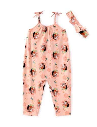 Disney Princess Moana Toddler Girls Romper Sleeveless Jumpsuit with Bow Tie Shoulder Straps and Headband Cute One Piece Outfit Summer Clothes 5-6 Year