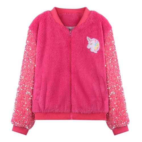 WELAKEN Girl’s Unicorn Fleece Full-zip Sequin Sleeves Jacket with Pocket