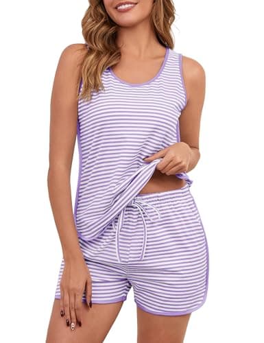 Namatime Womens Cotton Pajama Sets Striped Soft Tank Top and Shorts Pjs Loungewear Ladies 2 Piece Lounge Set with Pockets Sleepwear Sleep Set Sleeping 2026 Light Purple XX-Large