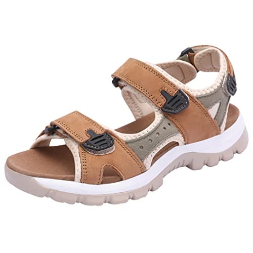 Harssidanzar Women's Sport Outdoor Sandals Hiking Casual Walking Sandals Strap Open Toe Sport Sandals SL256US,Camel Grey,Size 9