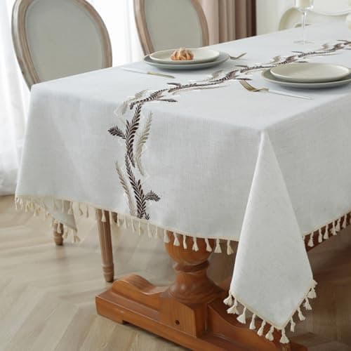 Alsoo Embroidered Tablecloth Rectangle 55 x 106 Inch, Washable Waterproof Wrinkle Free Table Cloth Cotton Linen Fabric with Tassel for Kicthen Dining Outdoor Picnic