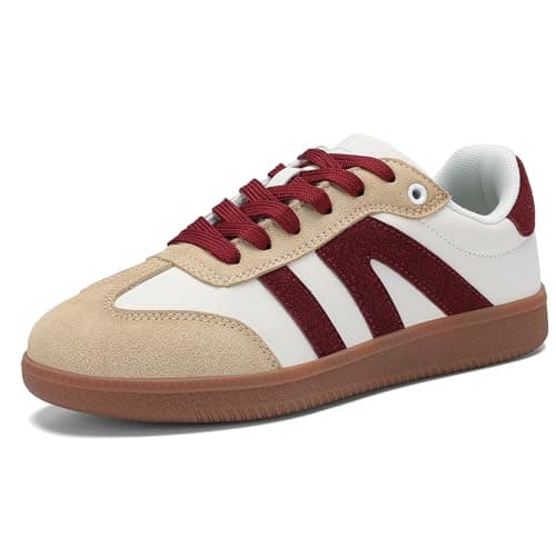 Casual Sneakers for Women, Retro Gum Sole Fashion Sneakers, Comfortable Lace Up Walking Shoes, Non Slip Everyday Tennis Shoes, (Beige/Red, 10)