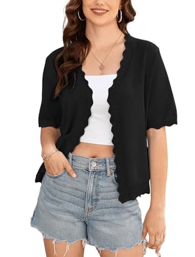 Yekaty Black Summer Cardigans for Women Lightweight Scalloped Short Sleeve Sweater Knit Cropped Shrug for Work or Casual