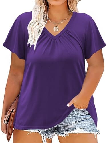Plus Size Tops for Women 3X Summer Tunics Ruffle Short Sleeve Basic Shirts Dark Purple