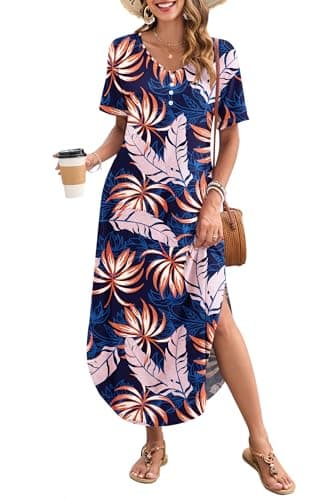 MOLERANI Womens Tropical Beach Dress for Summer Boho Short Sleeve Maxi Dress Hawaiian Long Dress with Pockets 2026 Trendy Vacation T Shirt Dress,Blue Orange Leaves,2XL