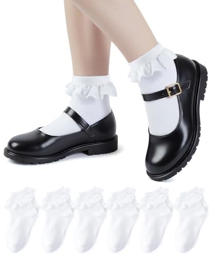 HONGTEYA 6 Pairs Girls White Ruffle Socks School Uniform Dress Socks for Kids Seamless Crew Ankle Cotton Size 4-14 Years (US, Age, 10 Years, 14 Years, Ship Lace)