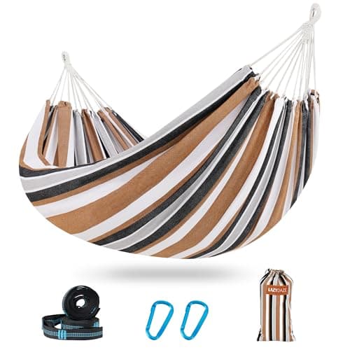 Lazy Daze Hammocks Double Brazilian Cotton Hammock, Extra Large Portable Outdoor Camping Hammock with Tree Straps & Travel Bag for Backyard Patio Poolside Indoor, 550lbs Capacity, Brown & White