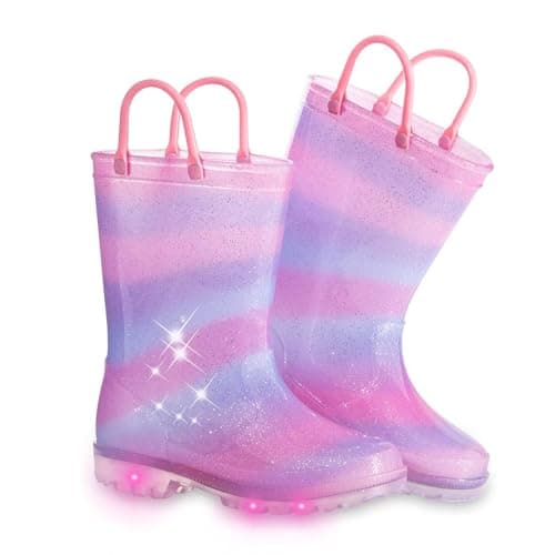 FUNCOO PLUS Toddler Kids Rain Boots Boys Girls Light Up Waterproof Boot with Handles, Toddler Size 5, Pink Purple Blue