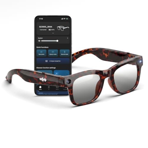 Hugur AI Smart Glasses with HD Camera, BT Call, 8MP Anti-Shake Camera Glasses with 1080P Video Recording Dual Mic, Simultaneous Interpretation/GPT Identify Objects, Photochromic Lens Leopard Print