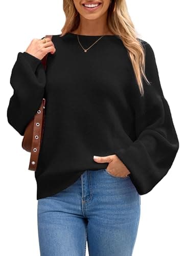 Arach&Cloz Women Fall Winter Fashion Wool Blend Oversized Fuzzy Sweater 2025 Long Puff Sleeve Casual Pullover Tops Trendy Loose Fit Outfits Balck L