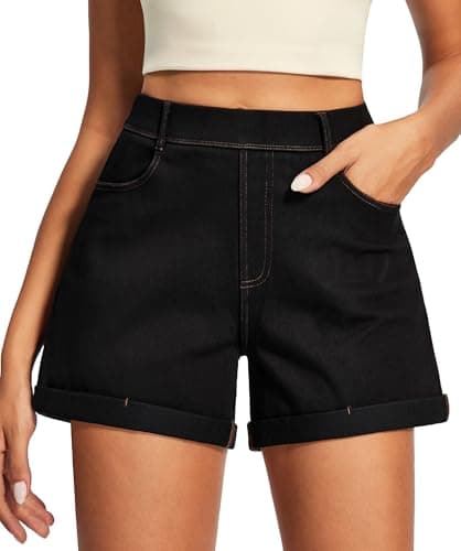 IUGA Stretchy Baggy Jean Shorts Womens Pull On Denim Shorts Women High Waisted Tummy Control Jorts Summer Casual with Pocket(Black, XL)