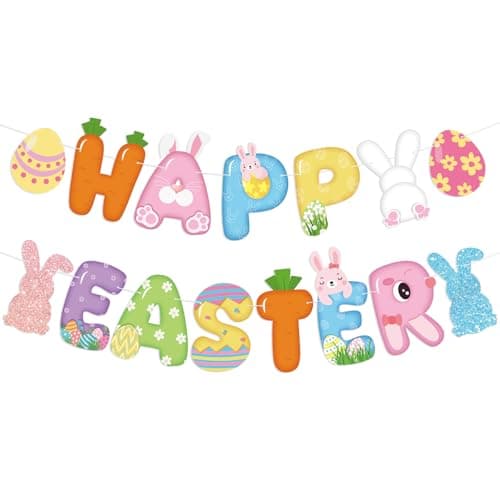 Hooqict Happy Easter Banner Sign Bunny Eggs Banner for Spring Easter Day Birthday Party Garland Decorations Home Classroom Garden Indoor Outdoor Decor