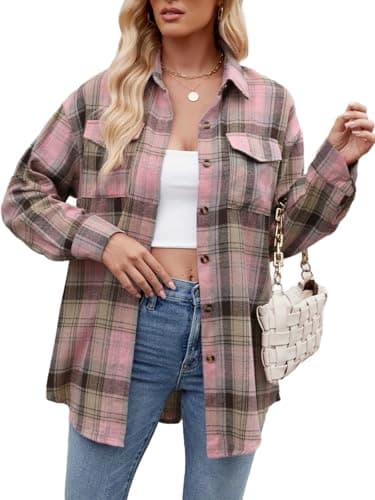 IYICLOTH Womens Button Down Flannel Shirts Long Sleeve Plaid Shackets Business Casual Blouse Top,M Pink