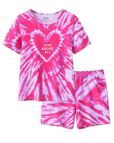 CYCHELRY Red Tie Dye Love Shape Pajamas for Teen Girls Short Sleeve Big Kids Sleepover PJS Sets Matching Clothes Size 6
