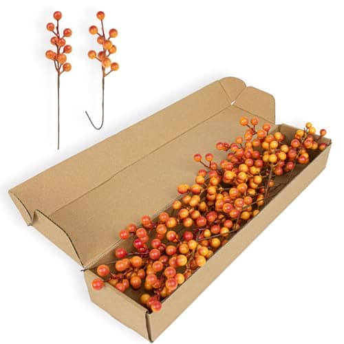 LLZLL Artificial Berry Stems 32 Pack Fall Floral Picks and Sprays 6.5 Inch Small Orange Berry Branches for Autumn Thanksgiving Christmas Tree DIY Decorations