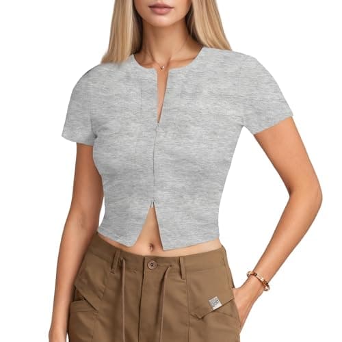 Curvphilo Womens Summer Basic Tops Double Zipper Short Sleeve T Shirts Gym Workout Clothes Y2K Crop Tops (US, Alpha, XX-Large, Regular, Regular, Grey)