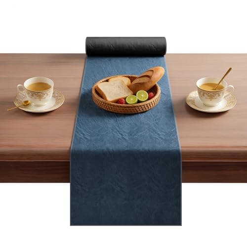 Double-Sided Faux Leather Table Runner, Blue & Black Reversible, Waterproof Heat Resistant Non-Slip Wipeable Oil-Proof Tablecloth, for Dining/Coffee/TV Stand/Dresser 13x90 inch