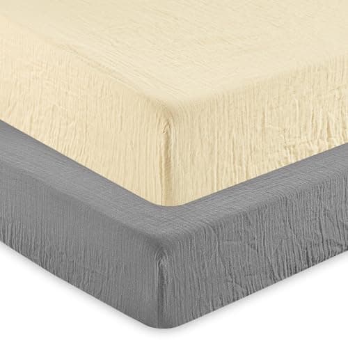 david's kids Muslin Crib Sheets for Boys Girls, 2 Pack 100% Cotton Soft Breathable Fitted Baby Sheet Set, 28x52 Inch Fits Standard Crib and Toddler Mattresses, Beige & Grey
