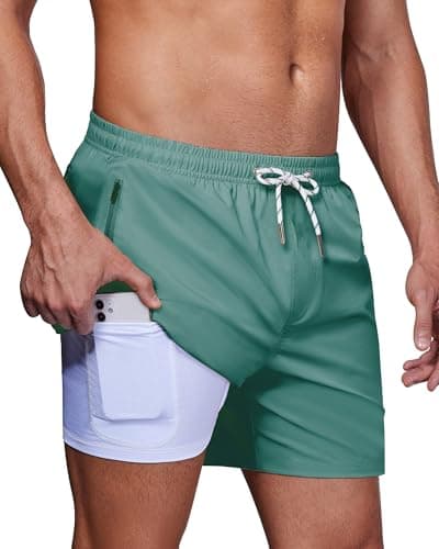 Mens Swim Trunks with Compression Liner Mens Bathing Suit 5 Inch Inseam 2 In 1 Soft Stretchy Quick Dry Comfort Drawstring Solid Blue Pockets Beach Pool 4-way Breathable Son Husband Boyfriend Summer