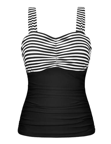 Hilor Women's Tankini with Underwire Bra Support Retro Ruched Slimming Bathing Suit Top Tummy Control Swimsuit Top Black&White Stripes 10