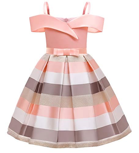NSSMWTTC Princess Girls Easter Christmas Stripe Dress Wedding Pageant Toddler Formal Color Block Dresses (Pink,110)