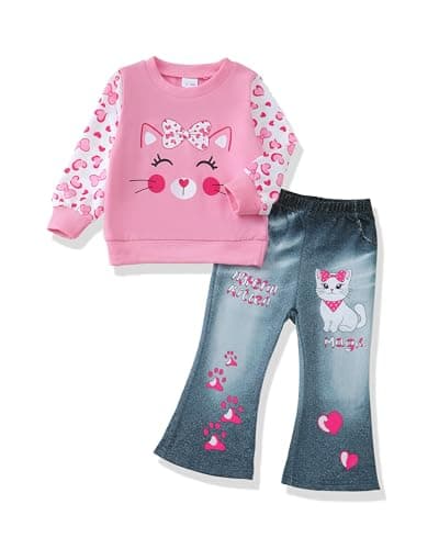 Renotemy Infant Baby Girl Clothes Fall Winter Outfits 1 Year Old Girl Gifts Long Sleeve Pink Cat Sweatshirt Bell Bottom Faux Jeans Flare Pants 2 Piece Clothing Set 12-18 Month Girls Clothes