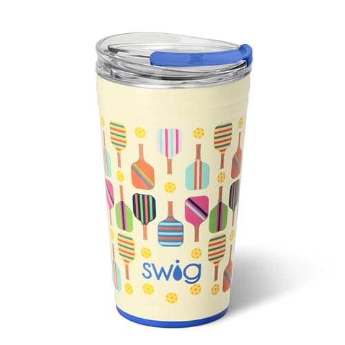 Swig Life 24oz Party Cup, Stackable Insulated Travel Coffee Tumbler with EZ Slider Lid, Cup Holder Friendly, Stainless Steel 24 oz Tumbler, Reusable Coffee Mug (Pickleball)