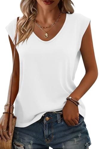 INNOVATOP Womens Casual Tops V Neck Cap Sleeve T Shirt Loose Fit Summer Basic Tee for Spring Fashion, Vacation Beach Wear White