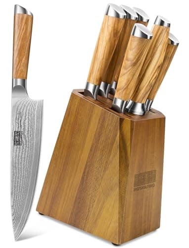 HOSHANHO Damascus Knife Block Set 7PCS, Sharp Kitchen Knives with Sharpener