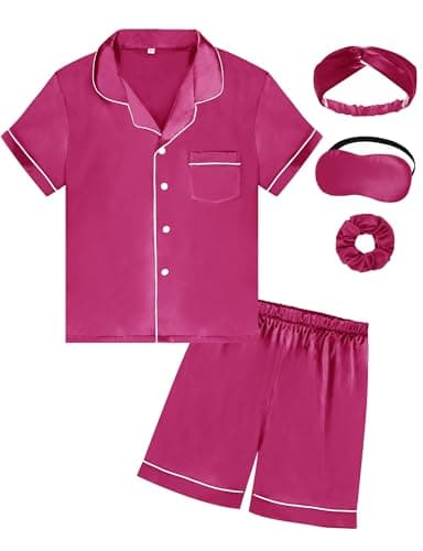 Satin Girl Pajama Set Silk Pajamas for Girls With Eyemask 2 Pcs Button-up Sleepwear Kid Pjs Nightwear（ Rosa,140 ）