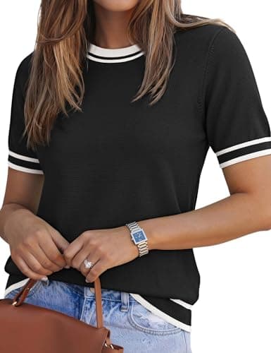 LOMON Womens Sweaters for Women Work Tops Summer Knit Sweater Comfy Loose Basic Lightweight Elegant Tee Shirts, XL Black White