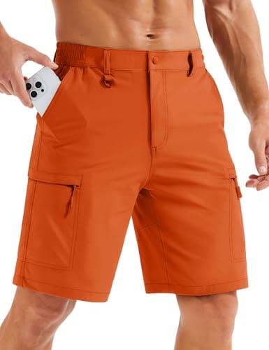 MAGCOMSEN Golf Shorts Men 9 Inch Inseam Lightweight Water Resistant Cargo Shorts Hiking Fishing Sports Stretch Orange, 30