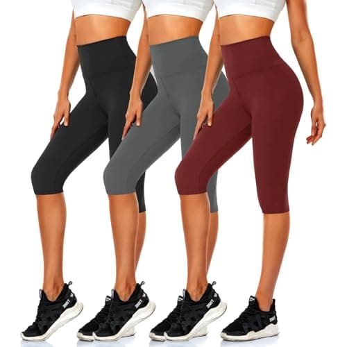 CTHH 3 Pack Capri Pants with Pockets - High Waisted Knee Length Yoga Leggings, Workout Biker Shorts for Women Running Summer(No Pockets,Black/Gray/Burgundy,Small-Medium)