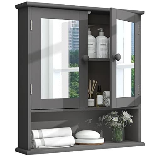 TaoHFE Grey Medicine Cabinet with Mirror, 2 Doors & 3 Open Shelves - Wall Mounted Wooden Storage Cabinet for Bathroom, Laundry or Kitchen