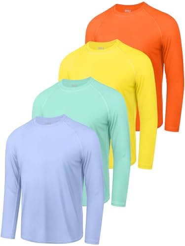 4 Pack Boys' Rash Guard Youth Neon Shirts SPF Long Sleeve Swim Shirts Quick Dry Sun Protection Swimwear for Kids Neon Orange, Mint, Yellow, Periwinkle Blue 10-12Y
