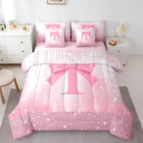 Feelyou Kids Pink Bowknot Comforter Set with Sheets Twin Size, Personalized Initial I Bed in A Bag Princess Glitter 7 Pieces Bedding Set Boys Girls Bow Alphabet Teens Bed Set Bedroom Decor 7Pcs