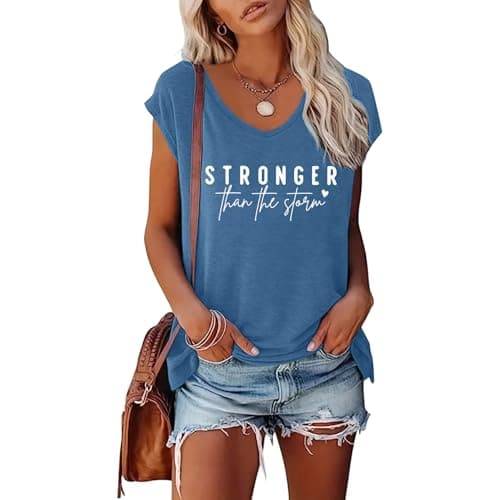 BLACKMYTH Women's Graphic Tees V-Neck Stronger Cap Sleeve T-Shirts Heather Indigo XX-Large