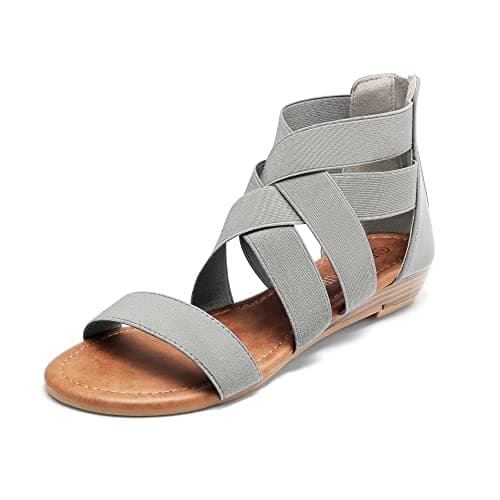 DREAM PAIRS Women's Elastic Ankle Strap Sandals Gladiator Strappy Low Wedges Sandals,Size 5,Grey,ELASTICA8