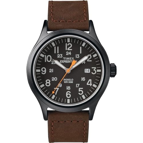 Timex Men's Expedition Scout 40mm Watch – Black Case Black Dial with Brown Leather Strap