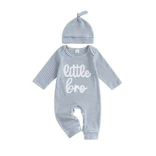 Newborn Baby Boy Onesie Clothes With Hat Little Brother Romper Jumpsuits One Piece Infant Fall Winter Outfit (Blue, 6-9 Months)