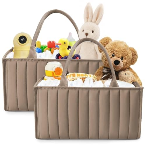 SWEET DOLPHIN 2-Pack Quilted Diaper Caddy Organizer – Premium Puffer Style Nursery Storage Bins – Water-Resistant & Wipeable Changing Table Organizer – Trendy Tote for Home & Car Travel - Mocha Brown