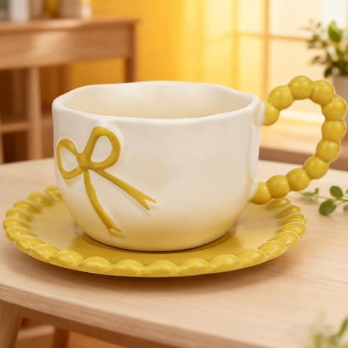 Disoza Bow Coffee Mug Yellow Coquette Coffee Mugs Set with Saucer 12 OZ Porcelain Tea Cup Bow Cute Mug for Women Girl