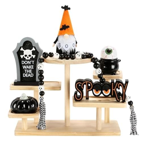 Halloween Decorations 6PCS Tiered Tray Decor, Cute Tabletop Halloween Decor for Home Office Tray Shelf Mantel Table Centerpieces Farmhouse Rustic Spooky Wood Signs