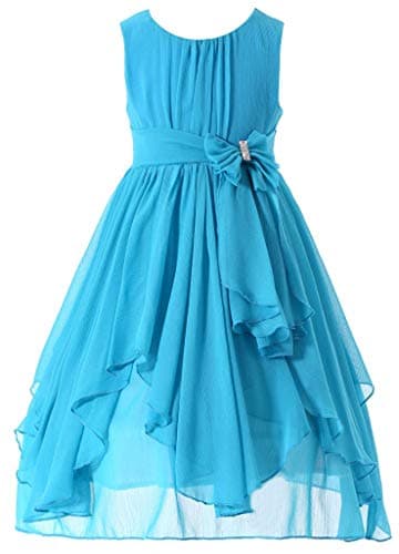 Bow Dream Flower Girls Dresses Junior Bridesmaids Little Girls Elegant Ruffle Chiffon Tea Length Blue 14