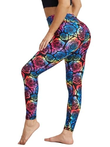 Workout Leggings for Women Stretchy Non See Through Yoga Pants Printed Compression Leggings Rainbow Roses Medium