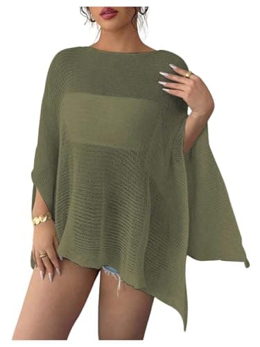 RoseSeek Women's See Through Knit Poncho Shawl 3/4 Sleeve Split Asymmetrical Shrug Sweater Cover Up Army Green X-Small