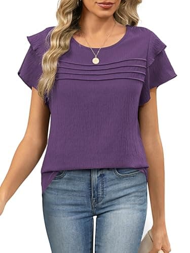Funlingo Blouses for Women Dressy Casual Short Ruffle Sleeve Crew Neck Tops Summer Flowy Pleated Shirts Business Office Work Clothes Purple L